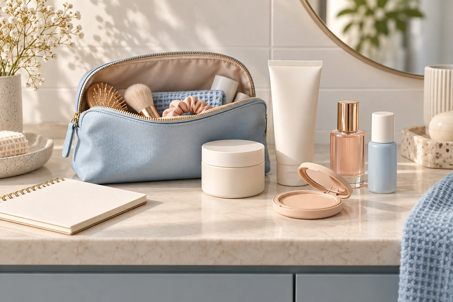 Cosmetici e pochette ordinati su un ripiano del bagno