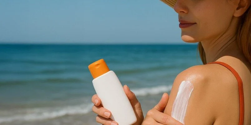 Applicazione della crema solare sulla spalla durante una giornata al mare