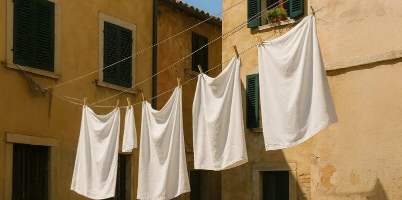 Lenzuola bianche stese all’aperto tra le facciate di due case