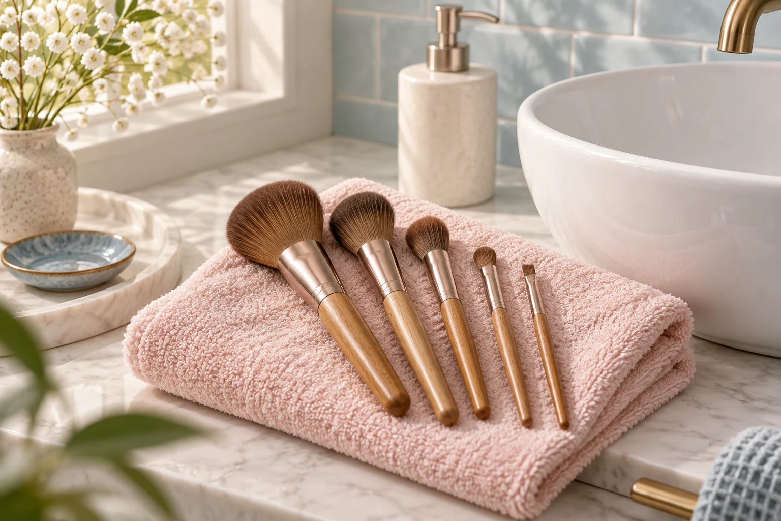 Pennelli da trucco puliti appoggiati su un asciugamano rosa